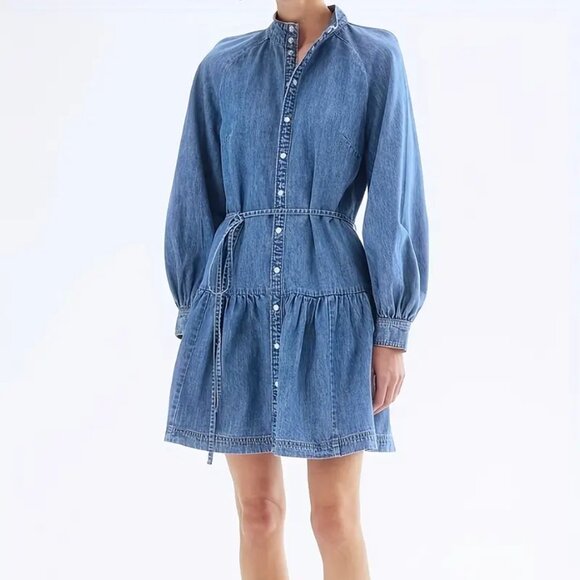 Lantern Sleeve Waist Tie Denim Dress - Picture 3 of 6